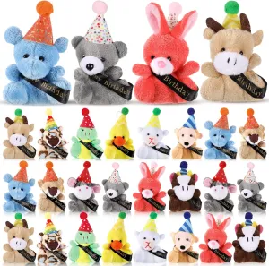 Birthday Mini Plush Toy With Hats, Party Decor Stuffed Animal for Student Classroom Reward Gifts Goodie Bag Stuffers (24 Pcs)