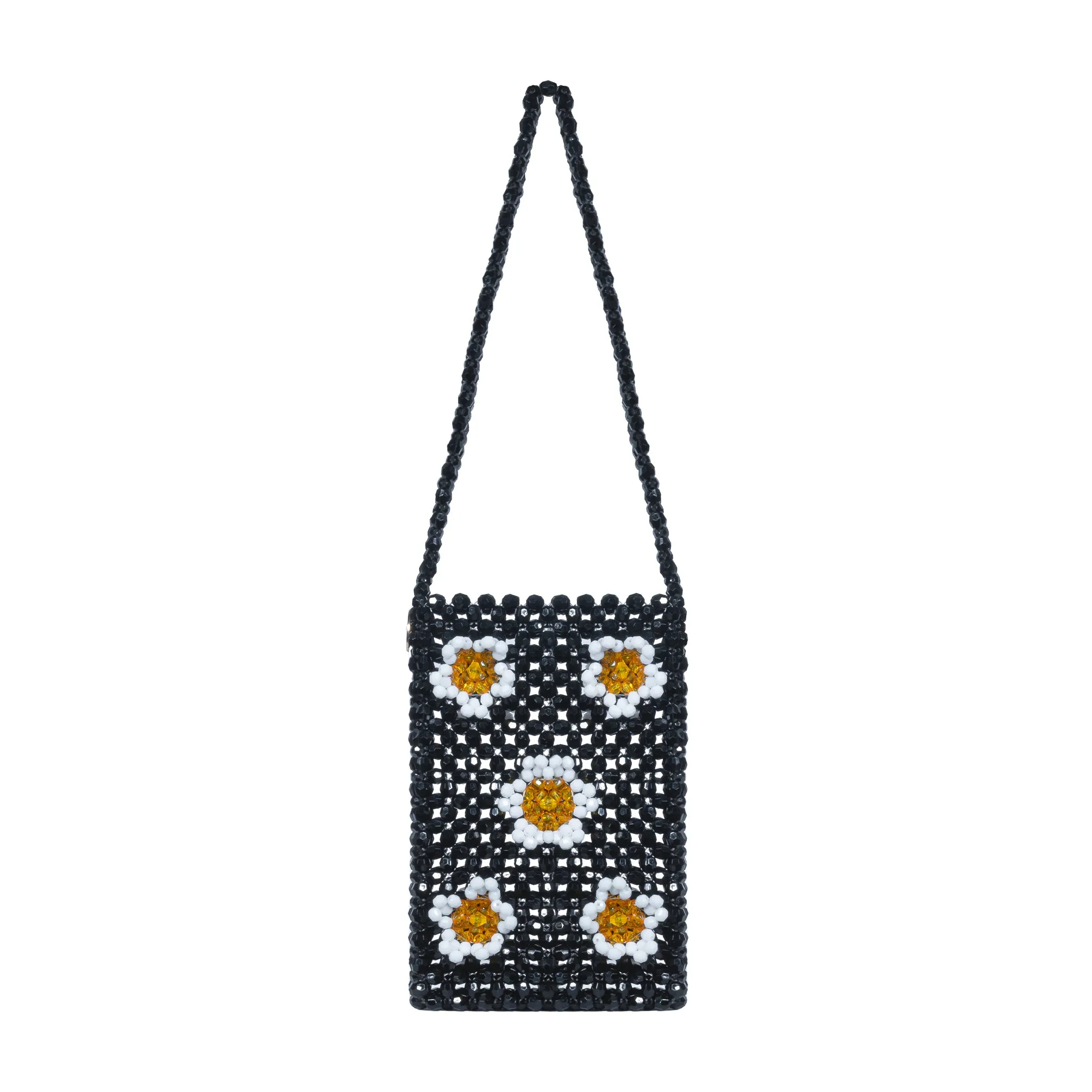 Black and Beige Petal Play – 3D Daisy Beaded Handbag