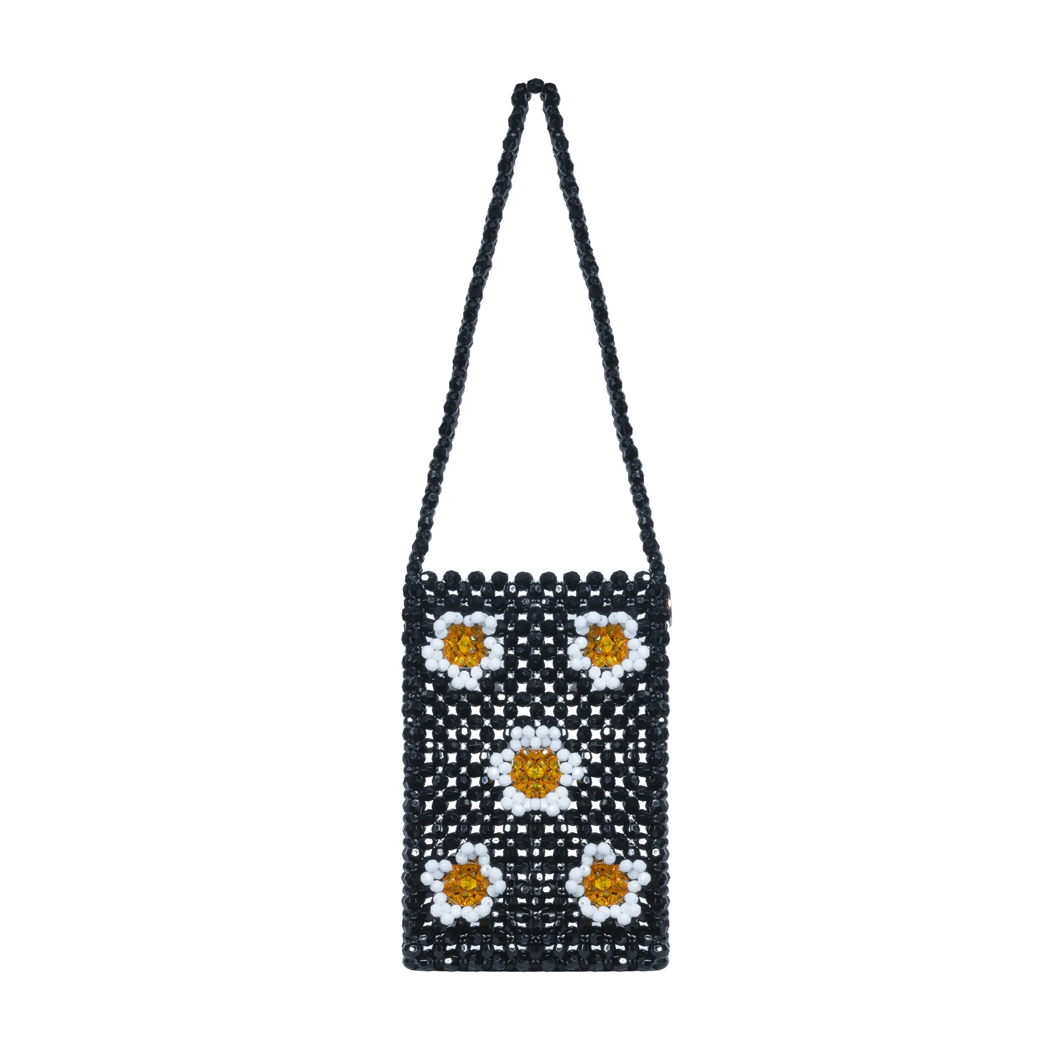Black and Beige Petal Play – 3D Daisy Beaded Handbag