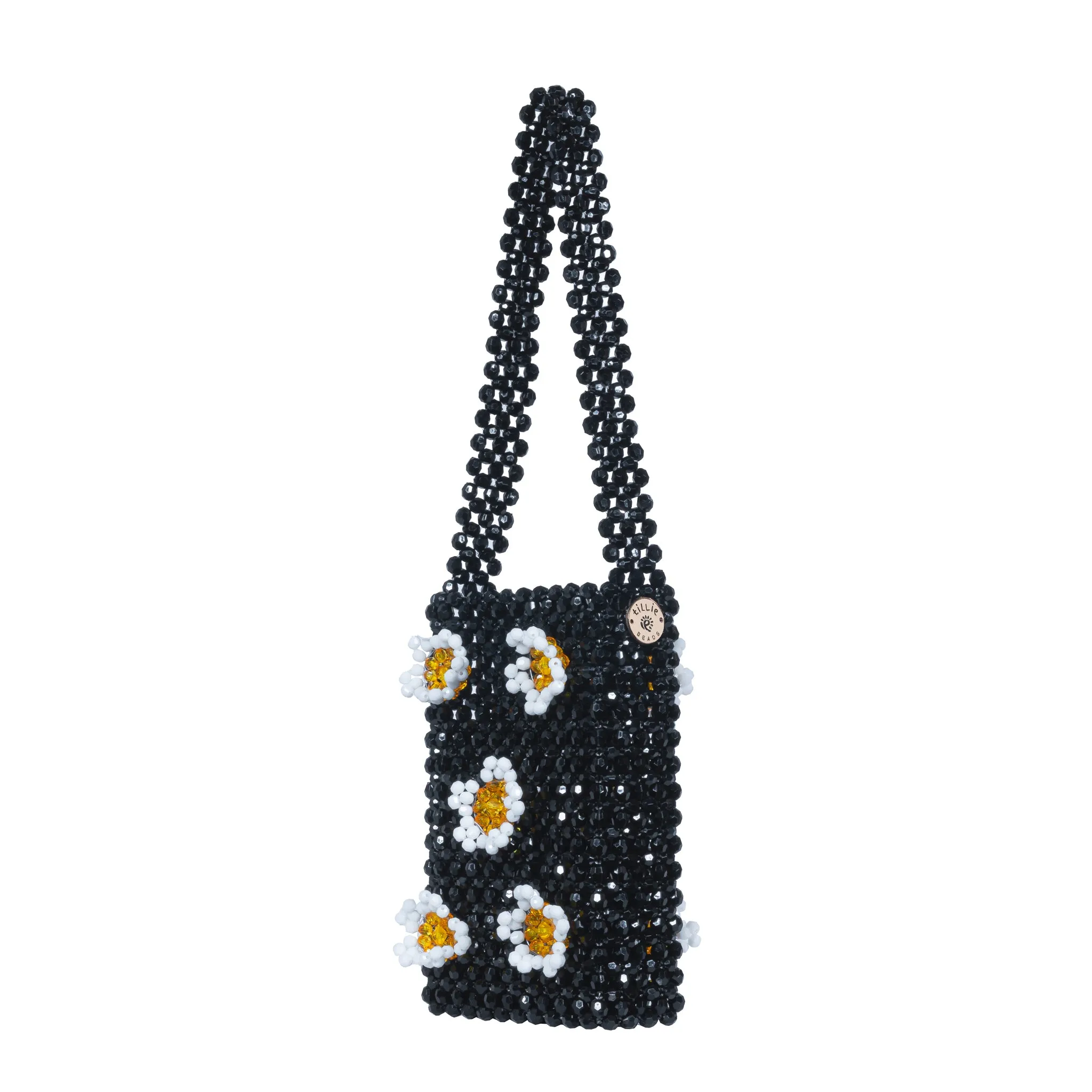 Black and Beige Petal Play – 3D Daisy Beaded Handbag
