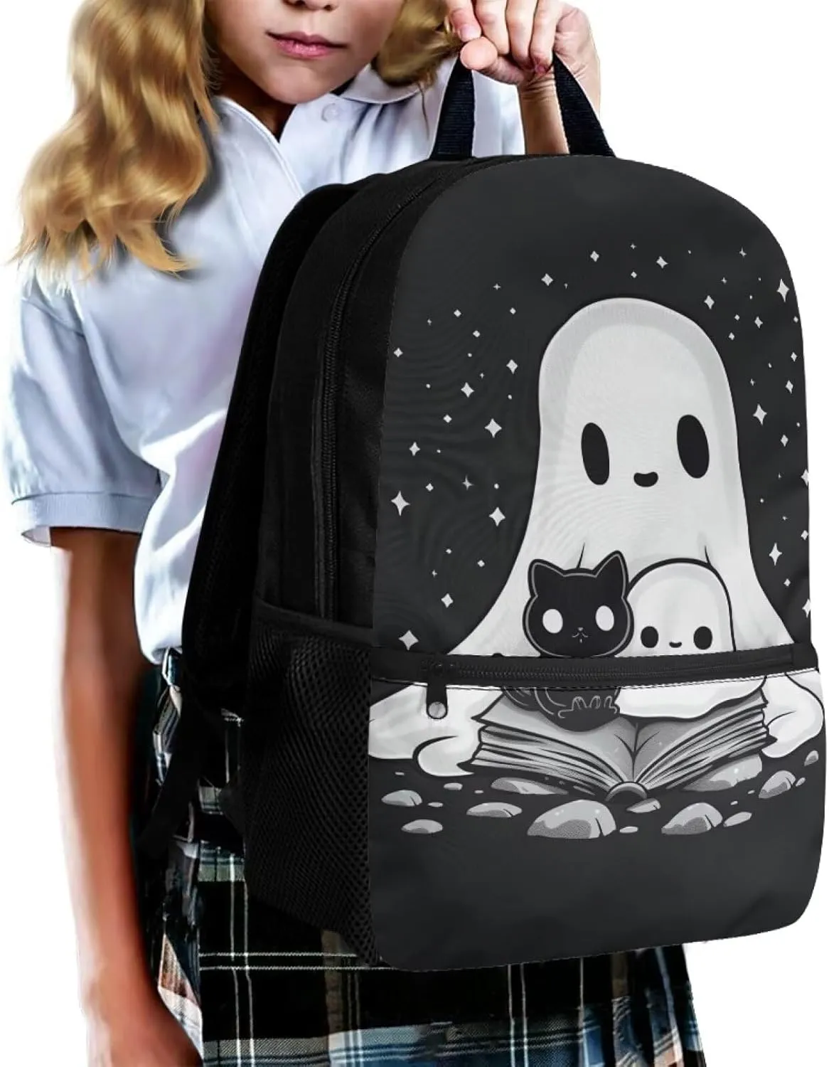 Black Cat Ghost Backpack for School 17 Inch School Bag Back to School Backpacks with Water Bottle Holder Kawaii School Bags for Elementary Middle Students, Big Book Bags for Girls 8-12