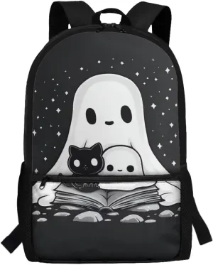 Black Cat Ghost Backpack for School 17 Inch School Bag Back to School Backpacks with Water Bottle Holder Kawaii School Bags for Elementary Middle Students, Big Book Bags for Girls 8-12