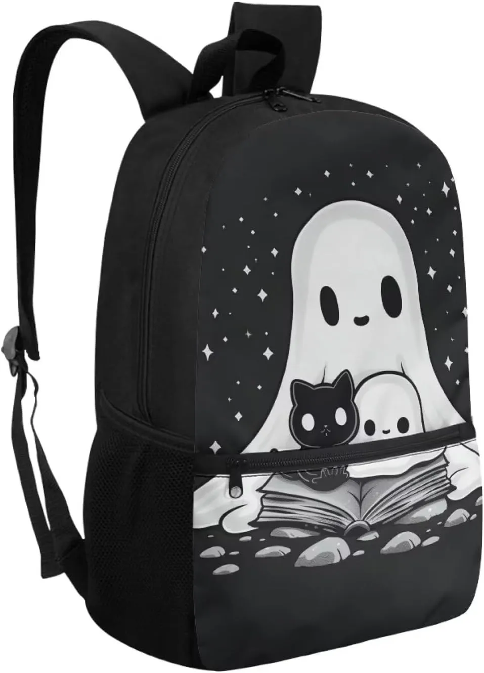 Black Cat Ghost Backpack for School 17 Inch School Bag Back to School Backpacks with Water Bottle Holder Kawaii School Bags for Elementary Middle Students, Big Book Bags for Girls 8-12