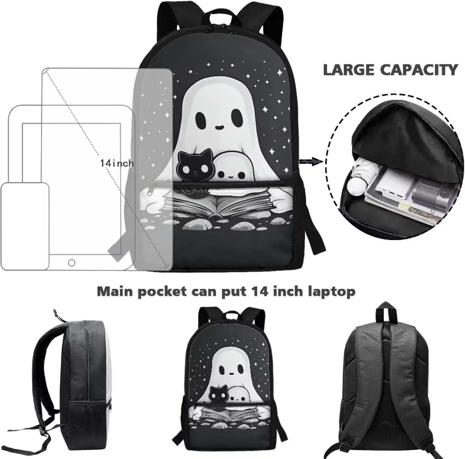 Black Cat Ghost Backpack for School 17 Inch School Bag Back to School Backpacks with Water Bottle Holder Kawaii School Bags for Elementary Middle Students, Big Book Bags for Girls 8-12