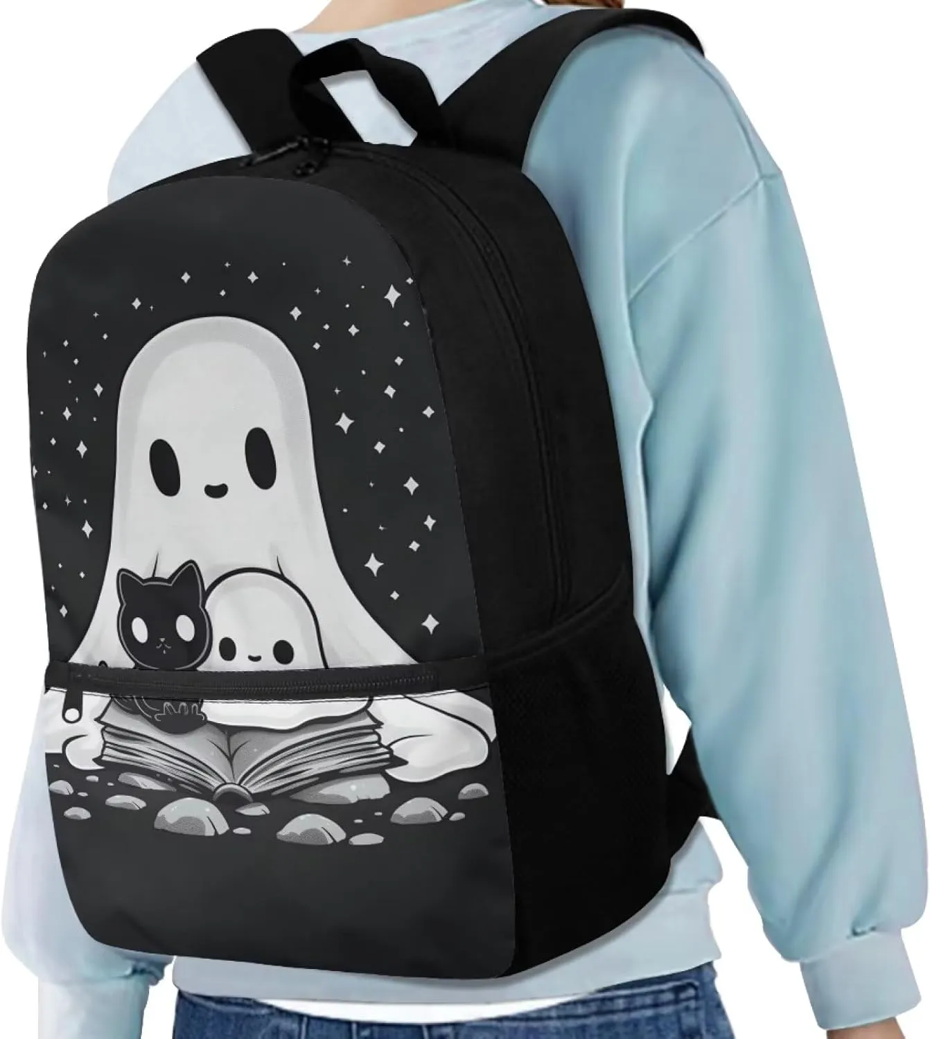 Black Cat Ghost Backpack for School 17 Inch School Bag Back to School Backpacks with Water Bottle Holder Kawaii School Bags for Elementary Middle Students, Big Book Bags for Girls 8-12