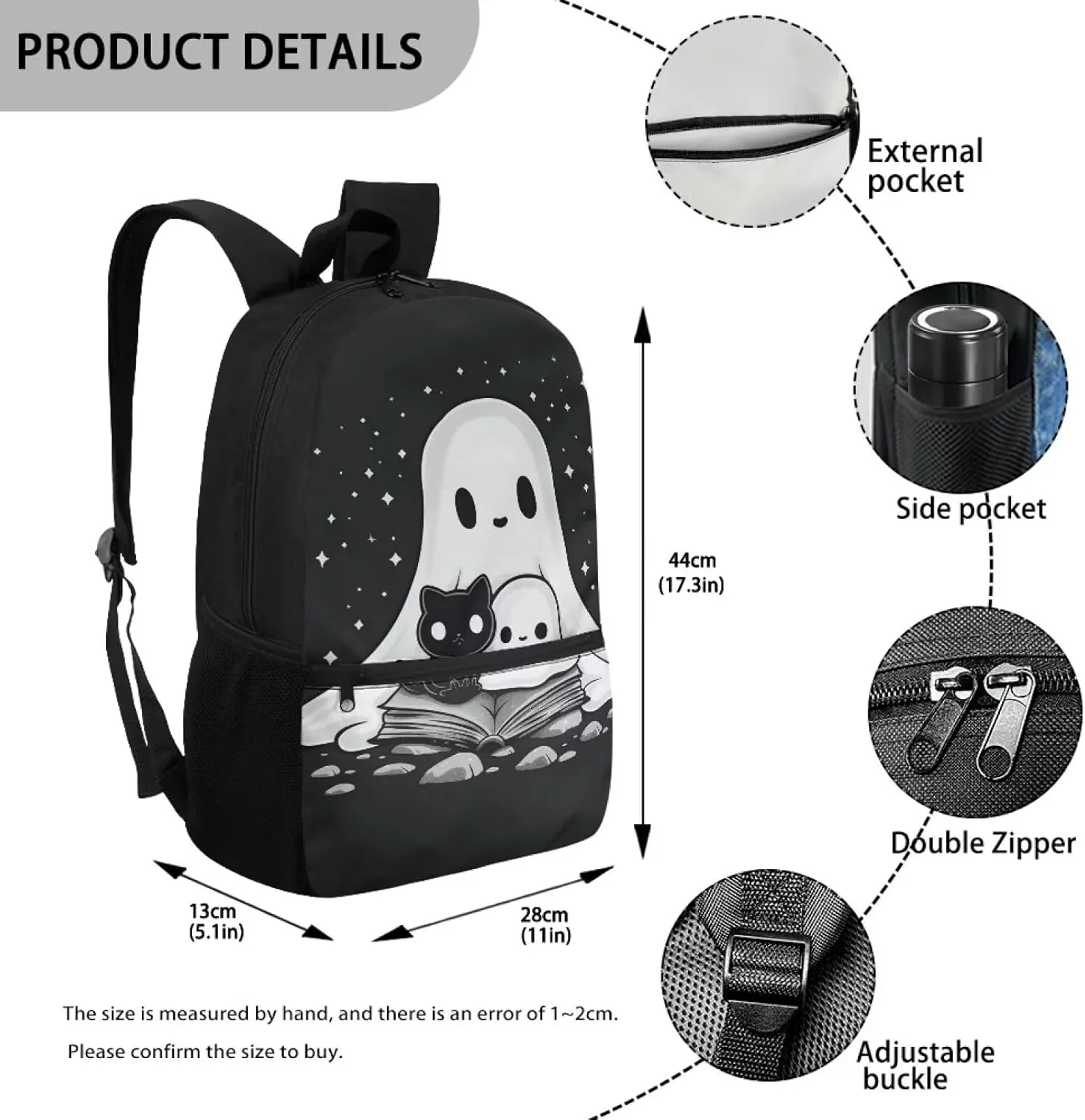 Black Cat Ghost Backpack for School 17 Inch School Bag Back to School Backpacks with Water Bottle Holder Kawaii School Bags for Elementary Middle Students, Big Book Bags for Girls 8-12