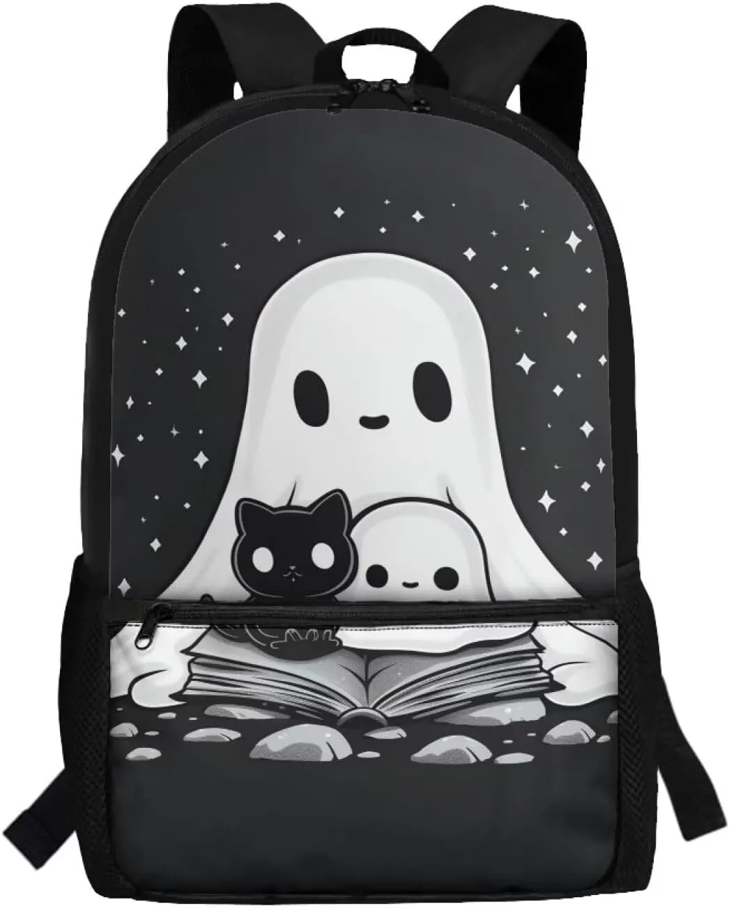 Black Cat Ghost Backpack for School 17 Inch School Bag Back to School Backpacks with Water Bottle Holder Kawaii School Bags for Elementary Middle Students, Big Book Bags for Girls 8-12