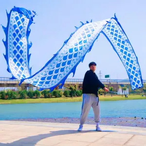 Blue Dragon Ribbon Poi, Celadon Blue Fantasy Dragon Streamer for Outdoor Fitness, Theatrical Stage Show, Dance Performance