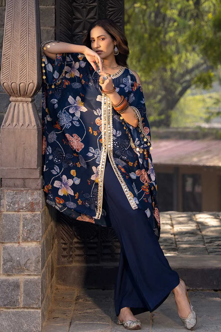Blue Printed Shoulder Cut-Out Kaftan & Pant Set