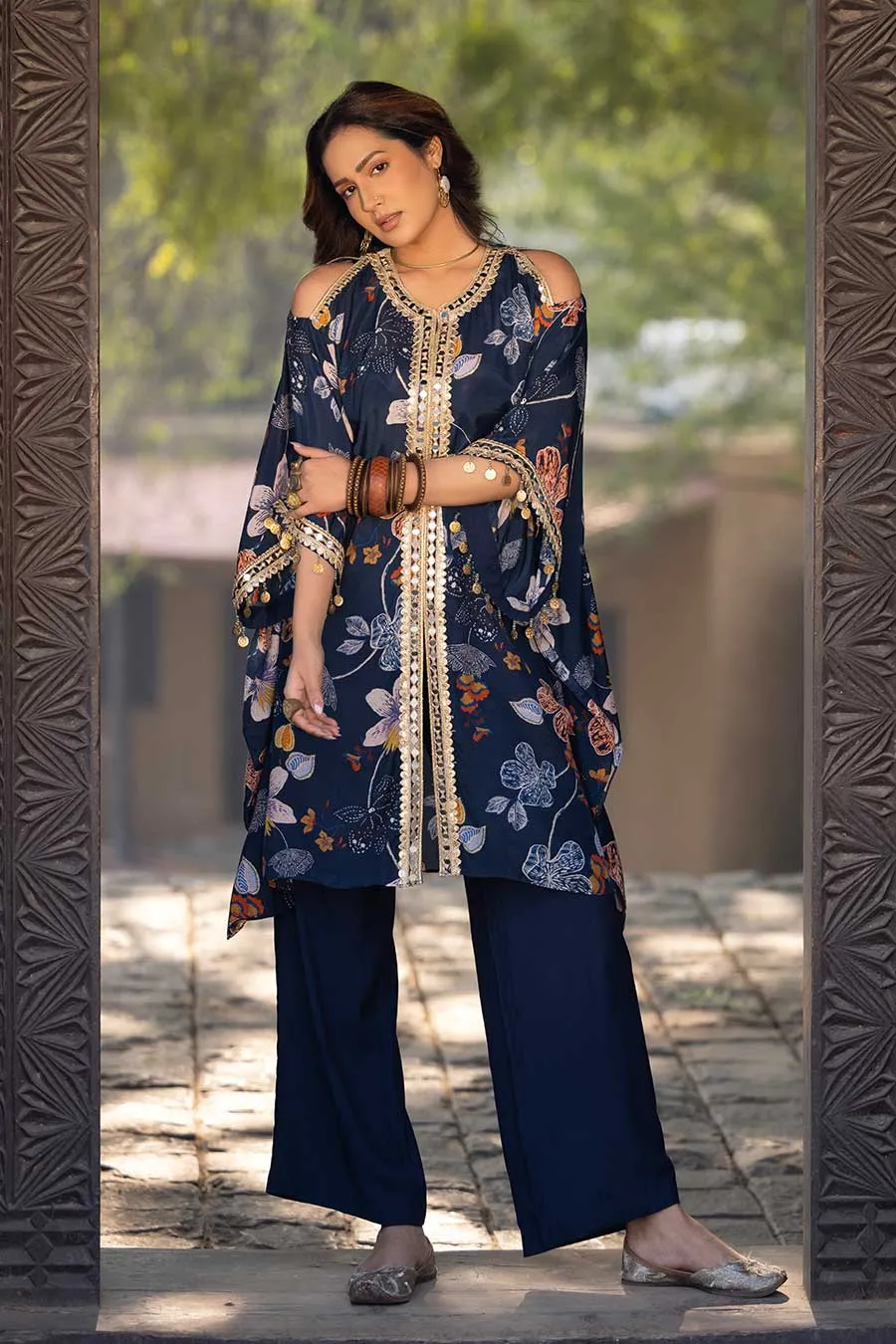 Blue Printed Shoulder Cut-Out Kaftan & Pant Set
