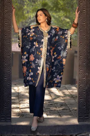 Blue Printed Shoulder Cut-Out Kaftan & Pant Set