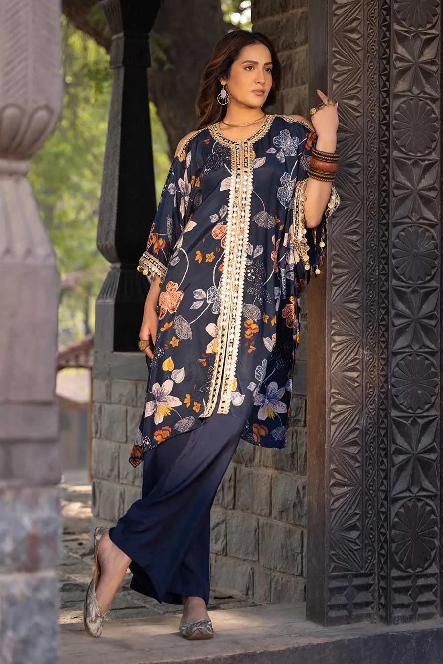 Blue Printed Shoulder Cut-Out Kaftan & Pant Set