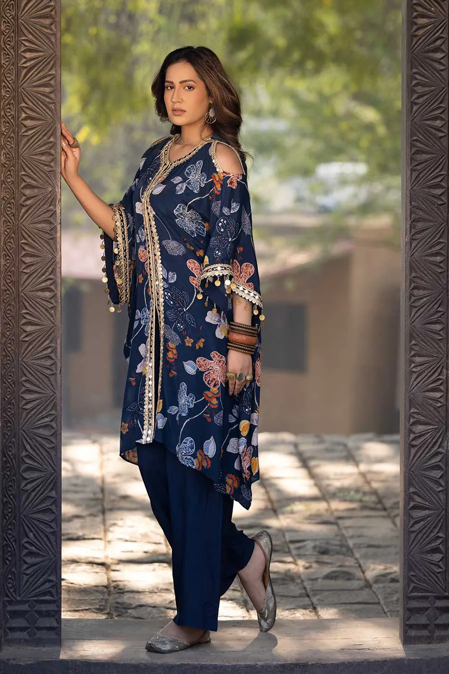 Blue Printed Shoulder Cut-Out Kaftan & Pant Set