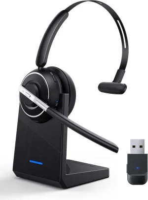 Bluetooth Headset, Wireless Headset with Microphone for PC, V5.2 Computer Headset with Noise Cancelling Mic, USB Dongle, Charging Base & Mute Button for Work, Cell Phones, Computer (Black)