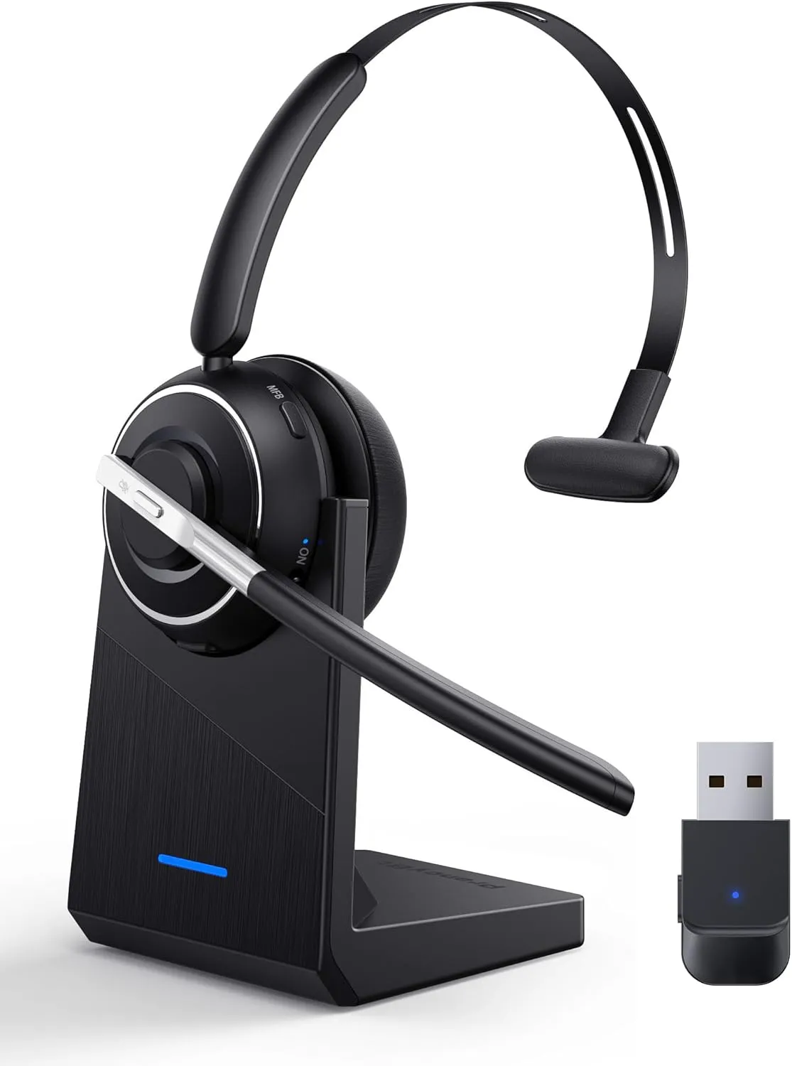 Bluetooth Headset, Wireless Headset with Microphone for PC, V5.2 Computer Headset with Noise Cancelling Mic, USB Dongle, Charging Base & Mute Button for Work, Cell Phones, Computer (Black)