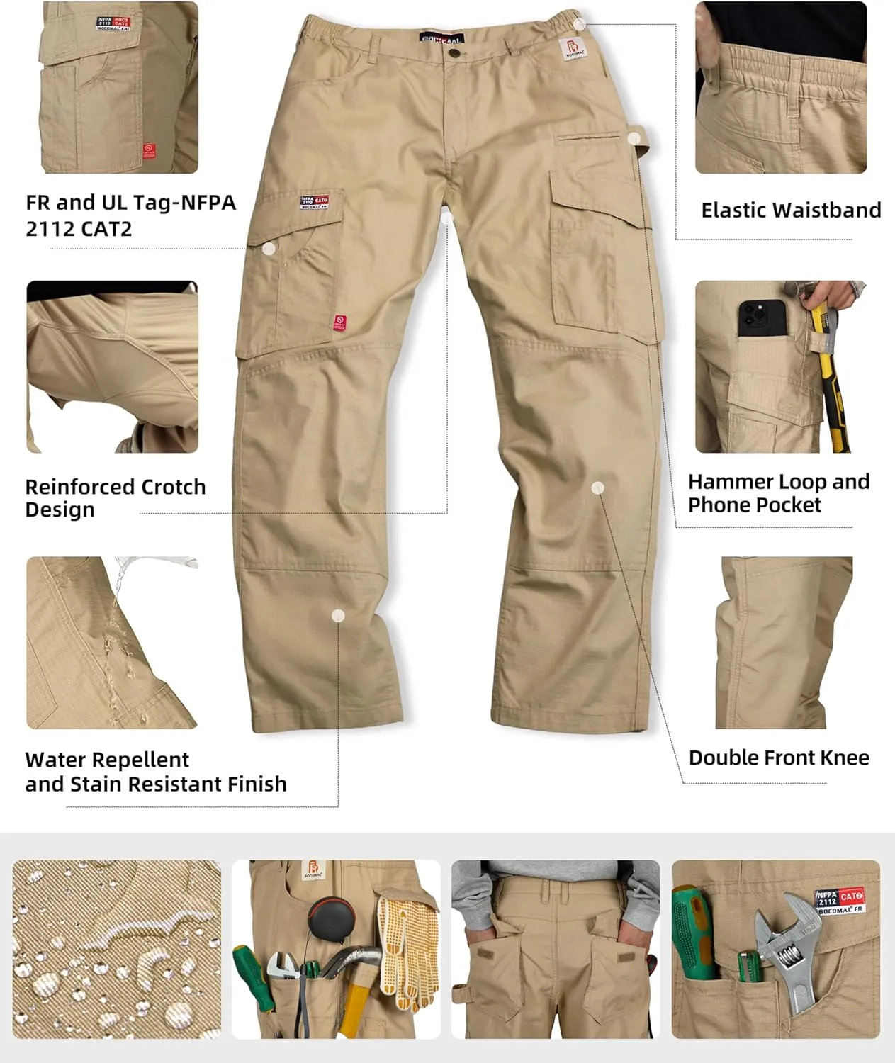 BOCOMAL FR Pants Cargo Pockets Lightweight 100% C Rip Stop Water Repellent Finish Flame Resistant Jeans Regular Fit