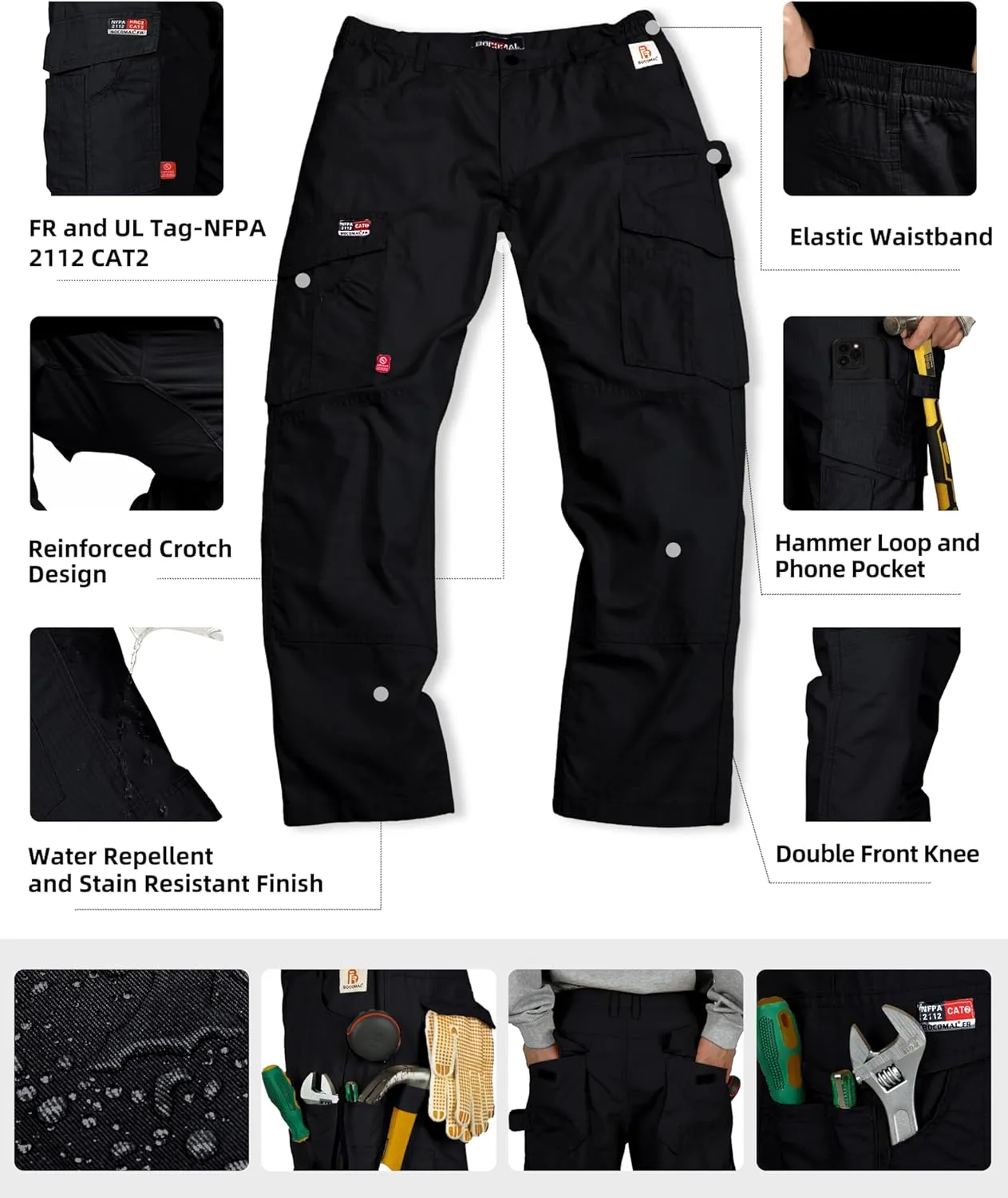 BOCOMAL FR Pants Cargo Pockets Lightweight 100% C Rip Stop Water Repellent Finish Flame Resistant Jeans Regular Fit
