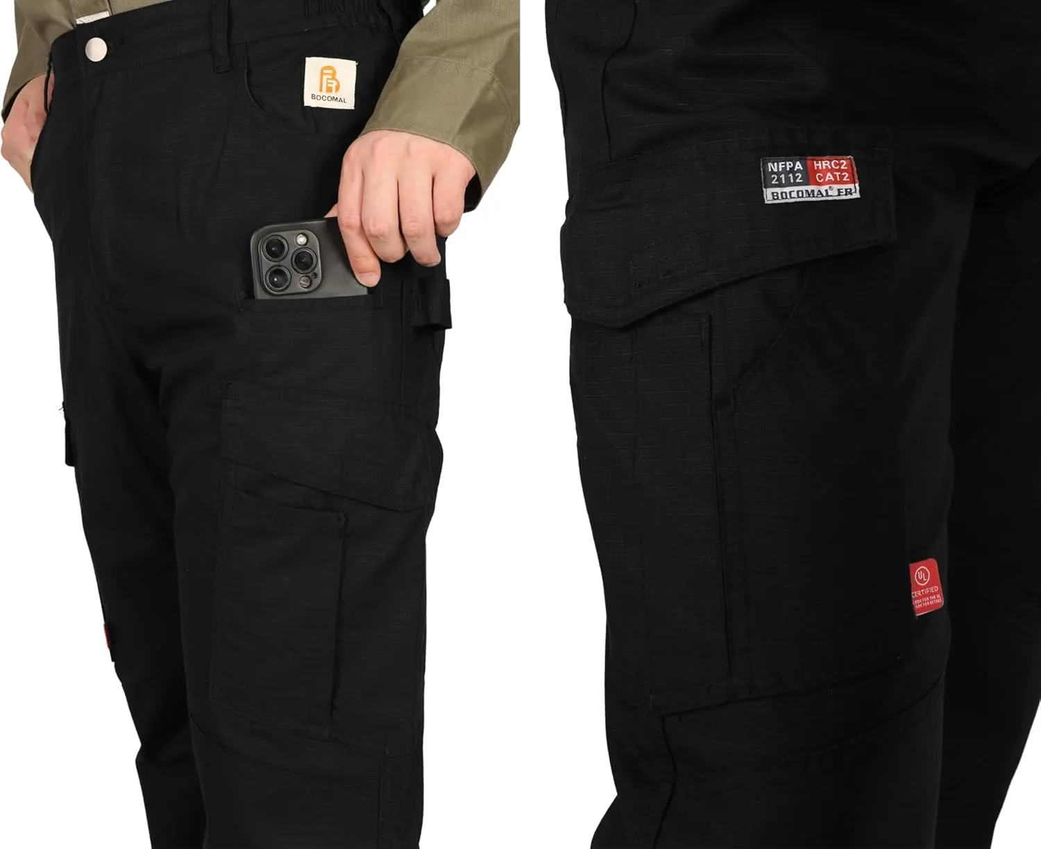 BOCOMAL FR Pants Cargo Pockets Lightweight 100% C Rip Stop Water Repellent Finish Flame Resistant Jeans Regular Fit