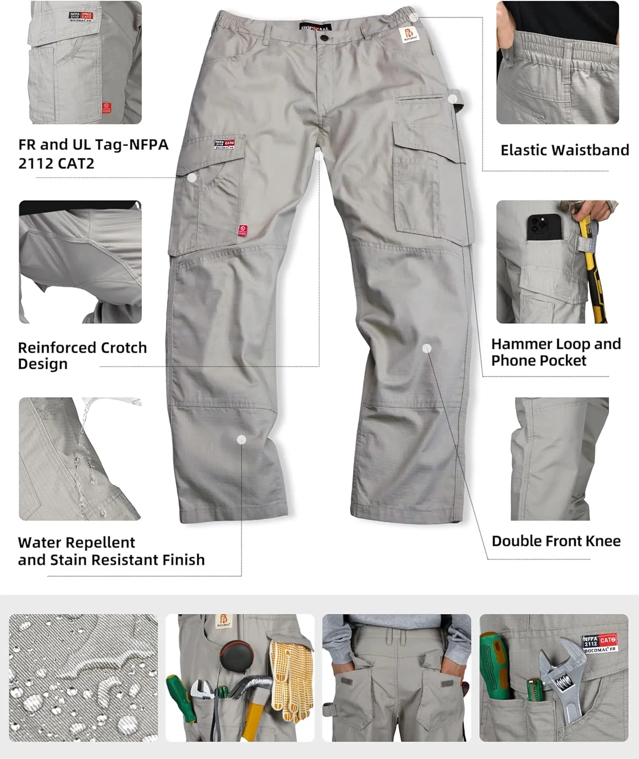 BOCOMAL FR Pants Cargo Pockets Lightweight 100% C Rip Stop Water Repellent Finish Flame Resistant Jeans Regular Fit