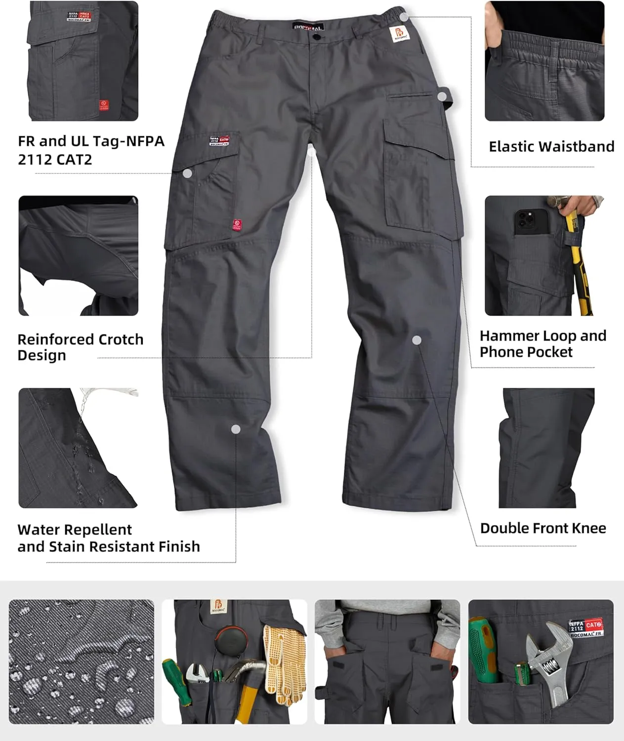 BOCOMAL FR Pants Cargo Pockets Lightweight 100% C Rip Stop Water Repellent Finish Flame Resistant Jeans Regular Fit