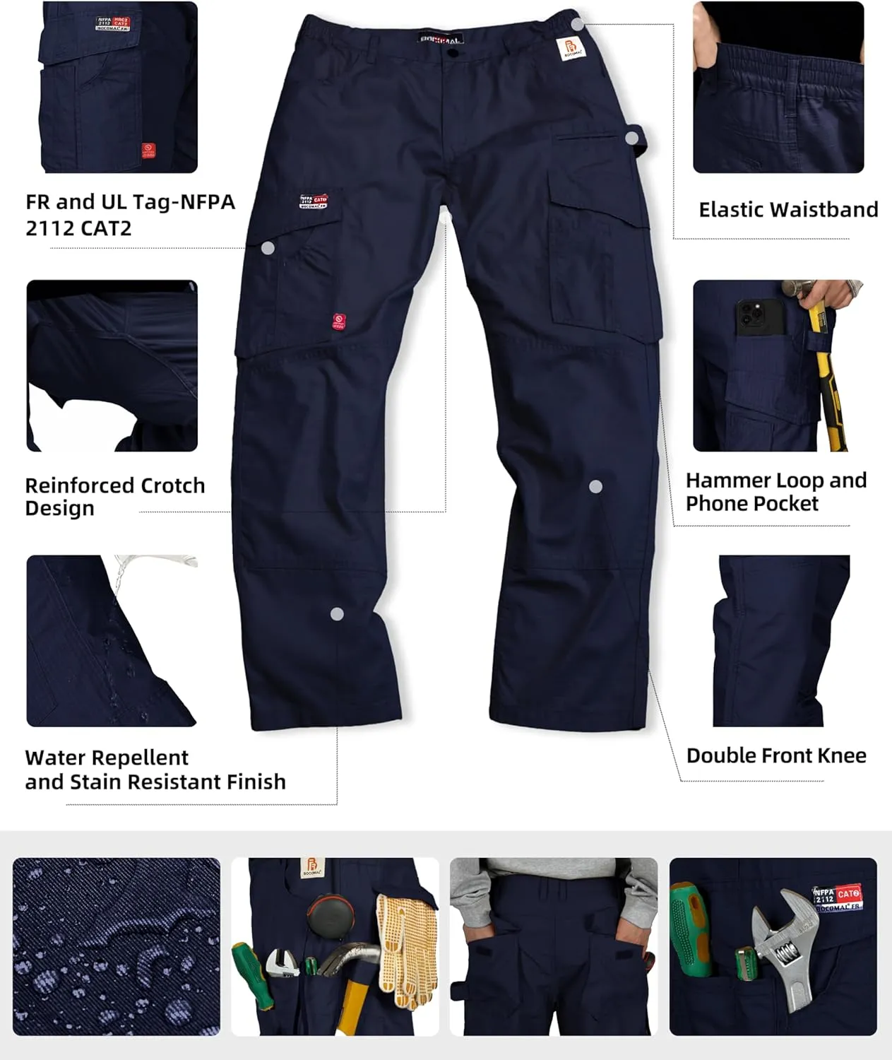 BOCOMAL FR Pants Cargo Pockets Lightweight 100% C Rip Stop Water Repellent Finish Flame Resistant Jeans Regular Fit