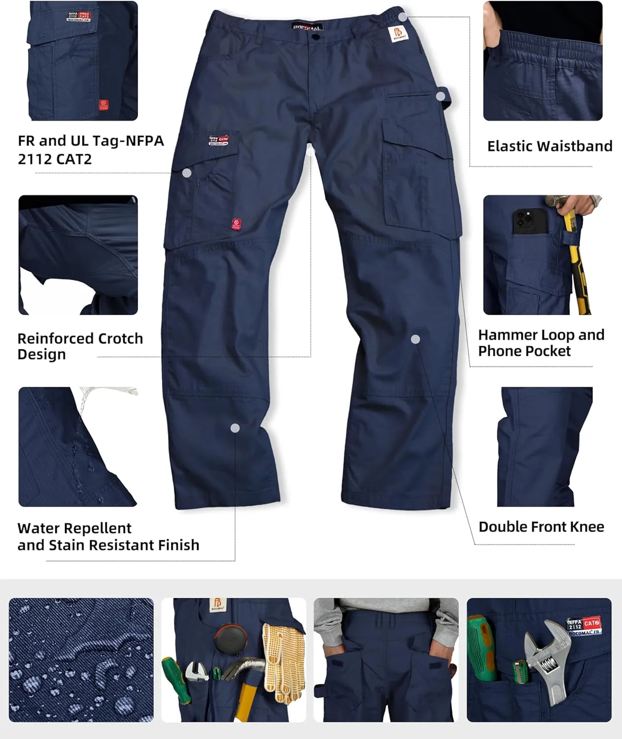 BOCOMAL FR Pants Cargo Pockets Lightweight 100% C Rip Stop Water Repellent Finish Flame Resistant Jeans Regular Fit