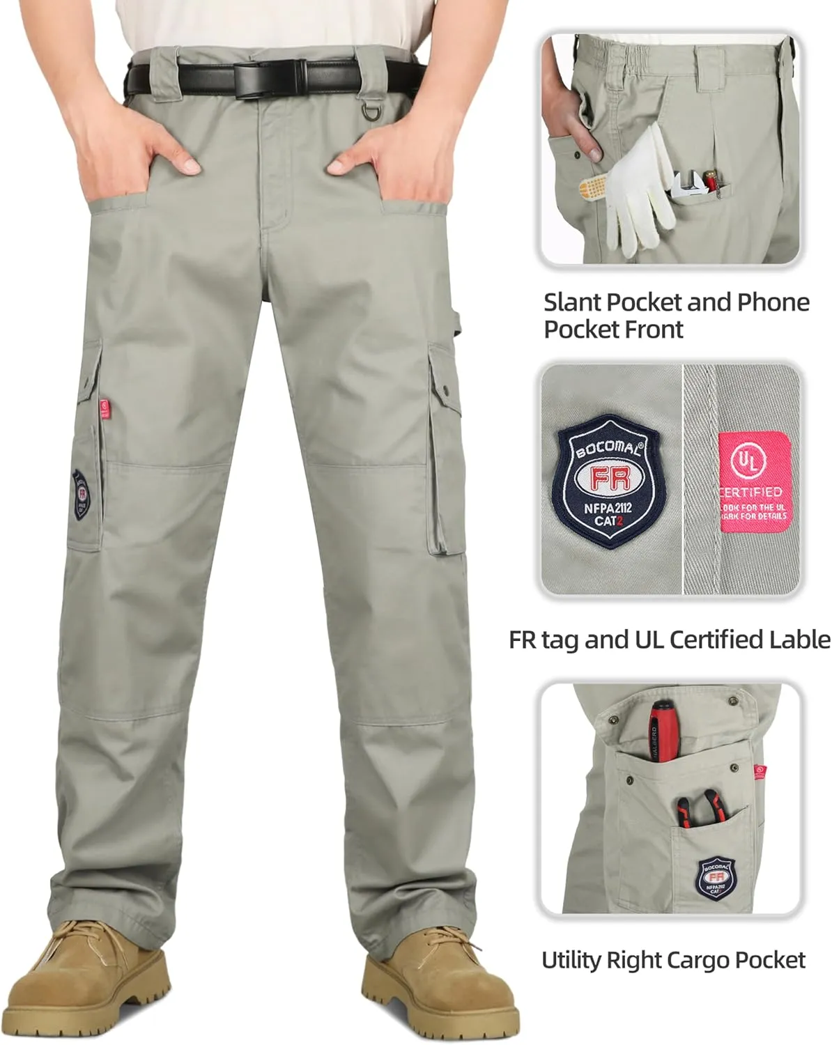 BOCOMAL FR Pants for Men Cargo Flame Resistant Pants(2112&CAT2) 100% C 7.5oz Utility Fire Resistant Pants