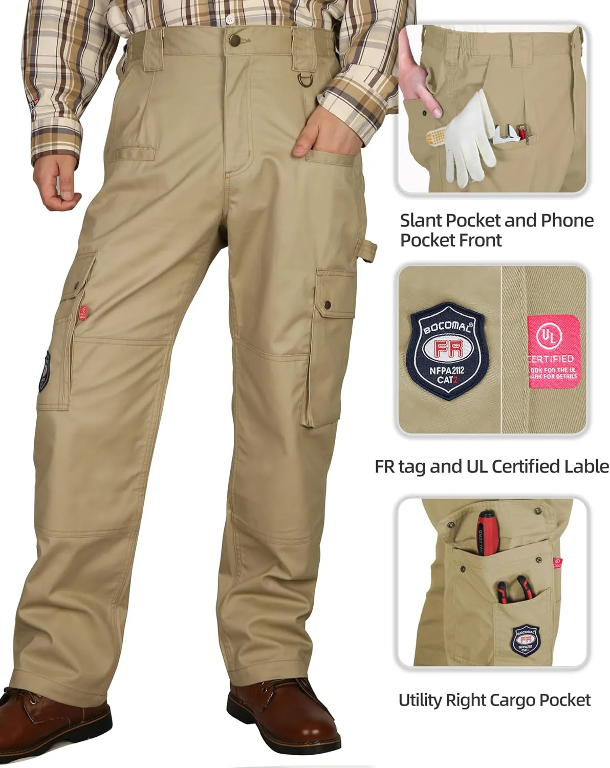 BOCOMAL FR Pants for Men Cargo Flame Resistant Pants(2112&CAT2) 100% C 7.5oz Utility Fire Resistant Pants