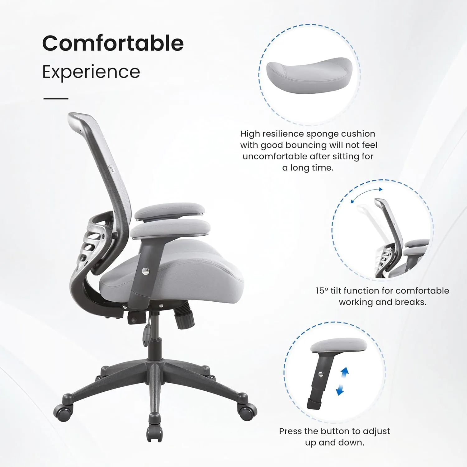 BOLISS 400lbs Mesh Ergonomic Super Soft Wide Cushion Office Computer Desk Chair Adjustable Arms (Grey