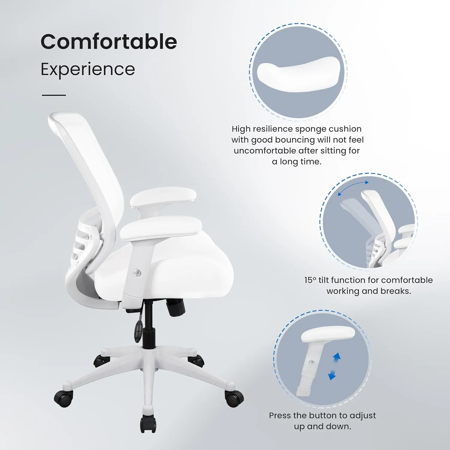 BOLISS 400lbs Mesh Ergonomic Super Soft Wide Cushion Office Computer Desk Chair Adjustable Arms (White