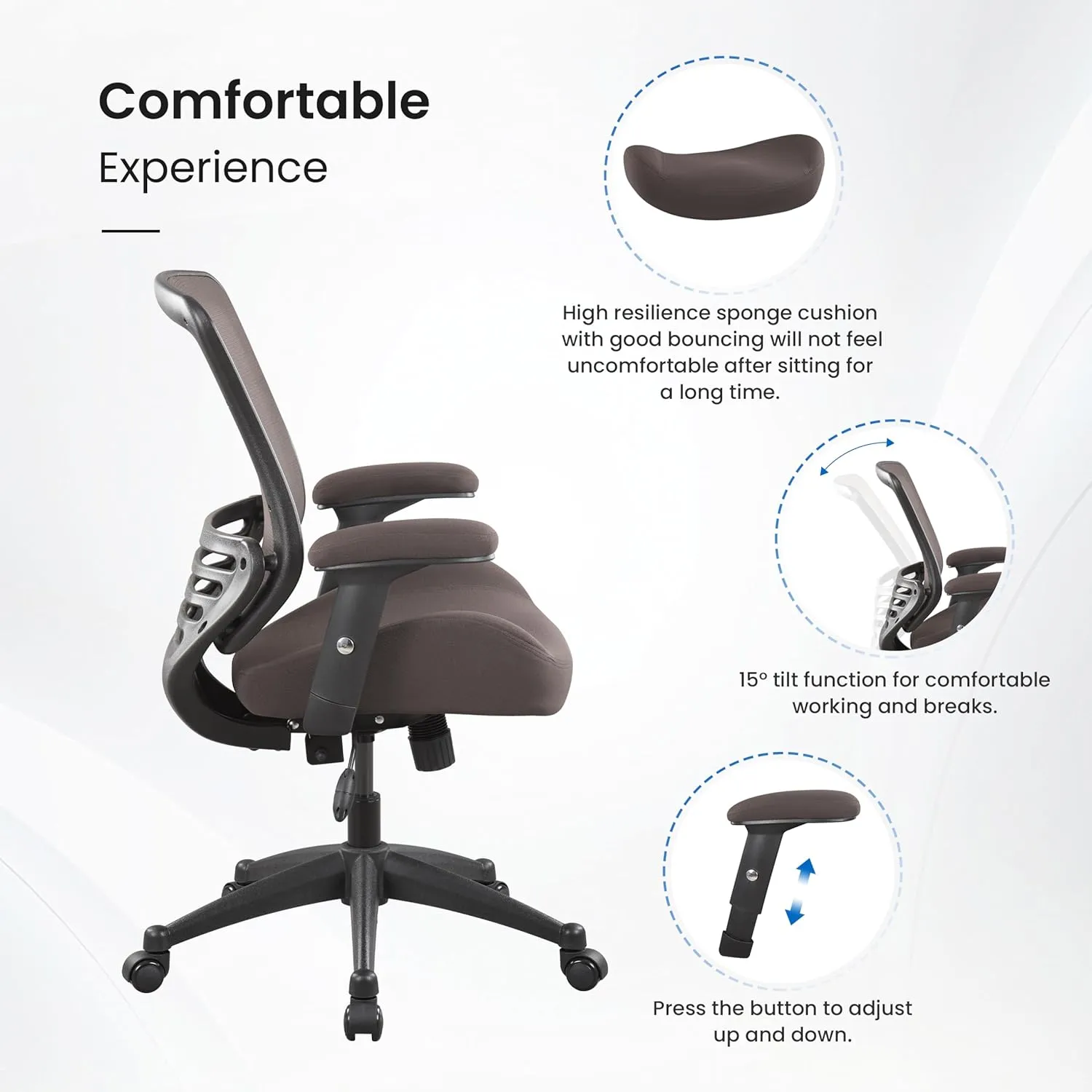 BOLISS 400lbs Mesh Ergonomic Super Soft Wide Cushion Office Computer Desk Chair Adjustable Arms(Brown