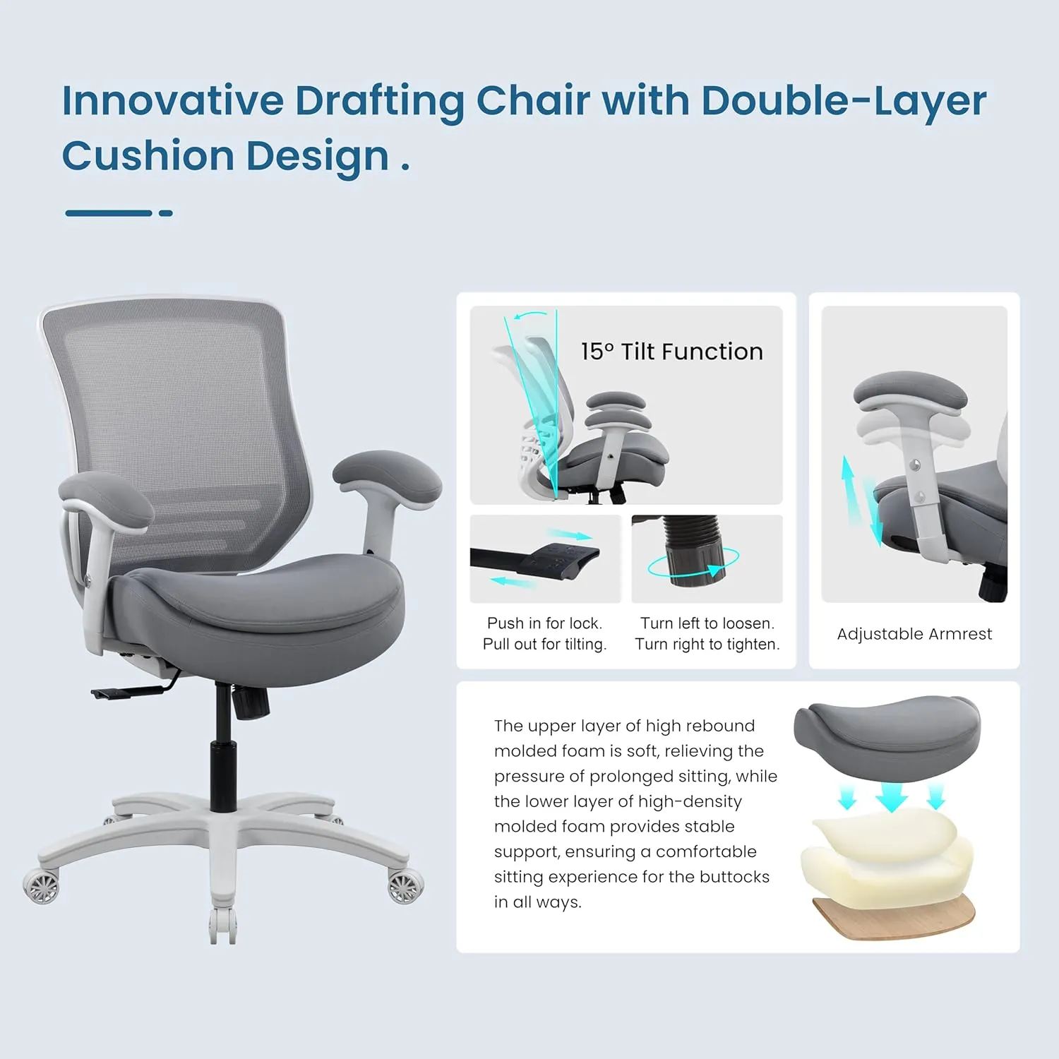 BOLISS 400lbs Mid Back Mesh Ergonomic Drafting Chair Big Adjustable Foot Ring Height Adjustable Armrest (Grey)