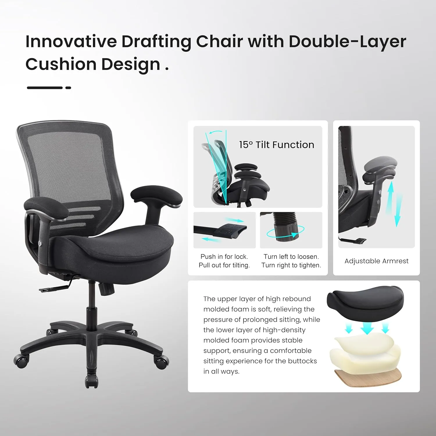 BOLISS 400lbs Mid Back Mesh Ergonomic Super Soft Wide Cushion Office Computer Desk Chair Adjustable Arms(Black)