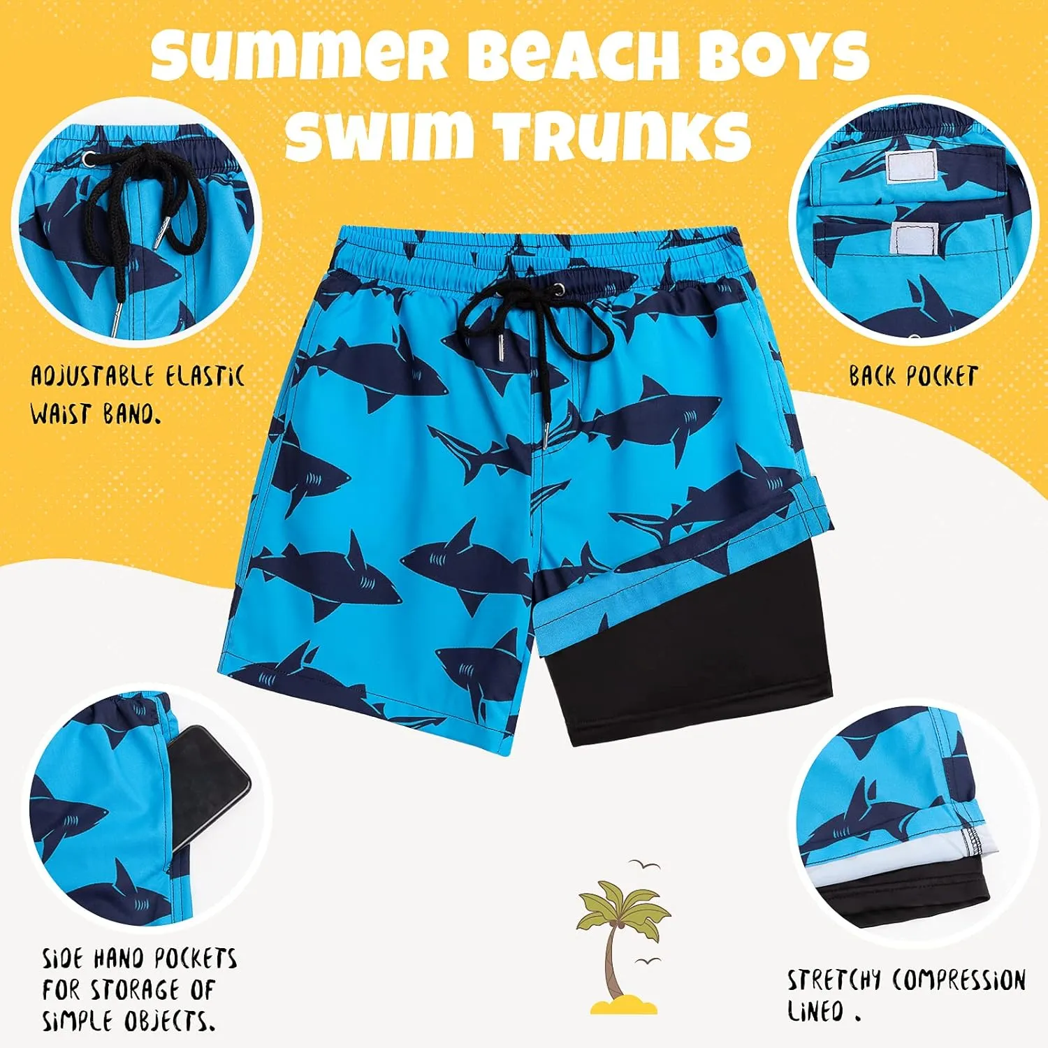 Boys Swim Trunks Bathing Suit Swim Shorts with Boxer Brief Liner Quick Dry Beach Swimsuit Compression