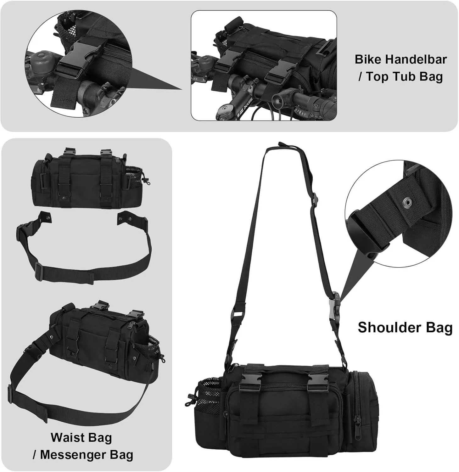 BraveHawk OUTDOORS Bike Handlebar Bag, 900D Nylon Oxford Multi-Purpose Tactical Waist Bag Heavy-Duty Water Resistant MOLLE Outdoor Bicycle Pack for Cycling Hiking (Large)