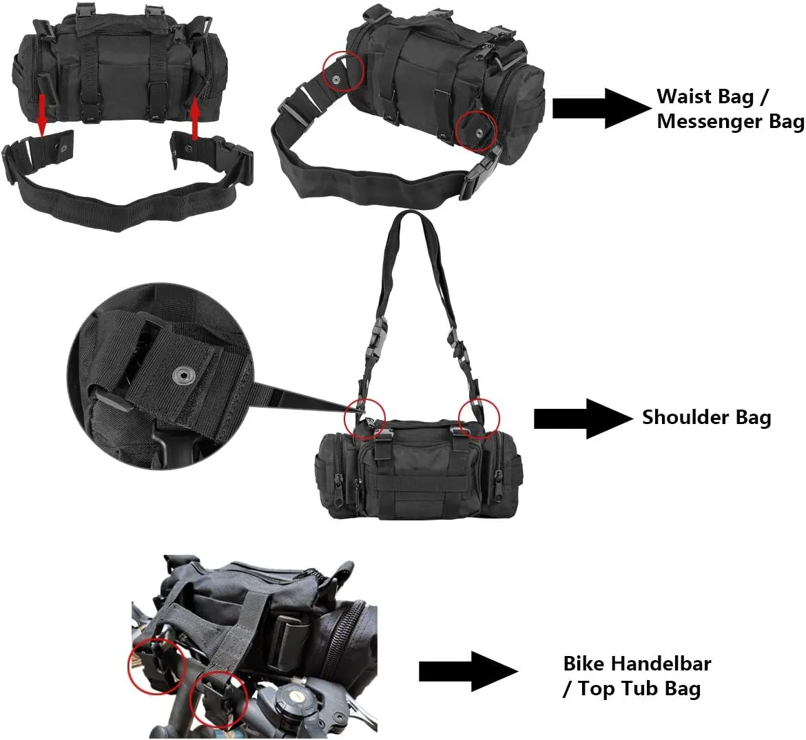 BraveHawk OUTDOORS Bike Handlebar Bag, 900D Nylon Oxford Multi-purpose Waist Bag Water Resistant Bicycle Cycling Pack (Black)