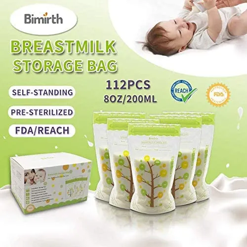 Breastmilk Storage Bags Pre-sterilized 8oz 112counts Easy Pour Spout,BPA Free Ready to Use Double Zipper Seal Bags for Pumping Freezing and Feeding Milk Self-Standing,CPC Test Passed