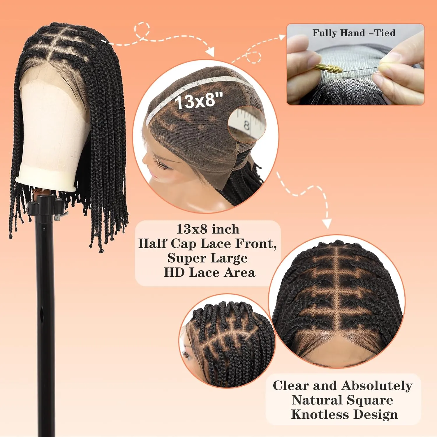 Brinbea 13x8'' HD Lace Front Knotless Short Braided Wigs for Women Bob Box Braid Wig with Baby Hair Premium Synthetic Braided Lace Front Wigs Black 14 Inch