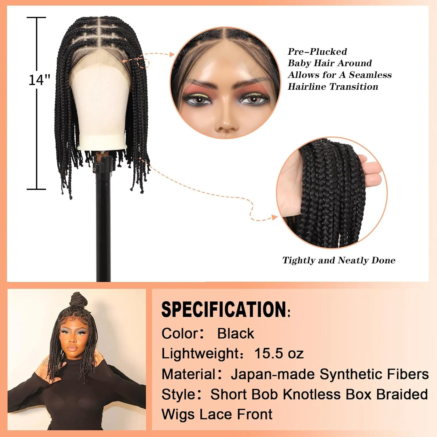 Brinbea 13x8'' HD Lace Front Knotless Short Braided Wigs for Women Bob Box Braid Wig with Baby Hair Premium Synthetic Braided Lace Front Wigs Black 14 Inch
