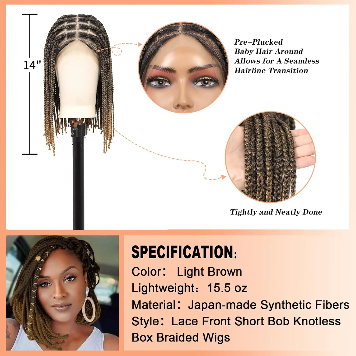 Brinbea 13x8'' HD Lace Front Knotless Short Braided Wigs for Women Bob Box Braid Wig with Baby Hair Premium Synthetic Braided Lace Front Wigs Light Brown 14 Inch