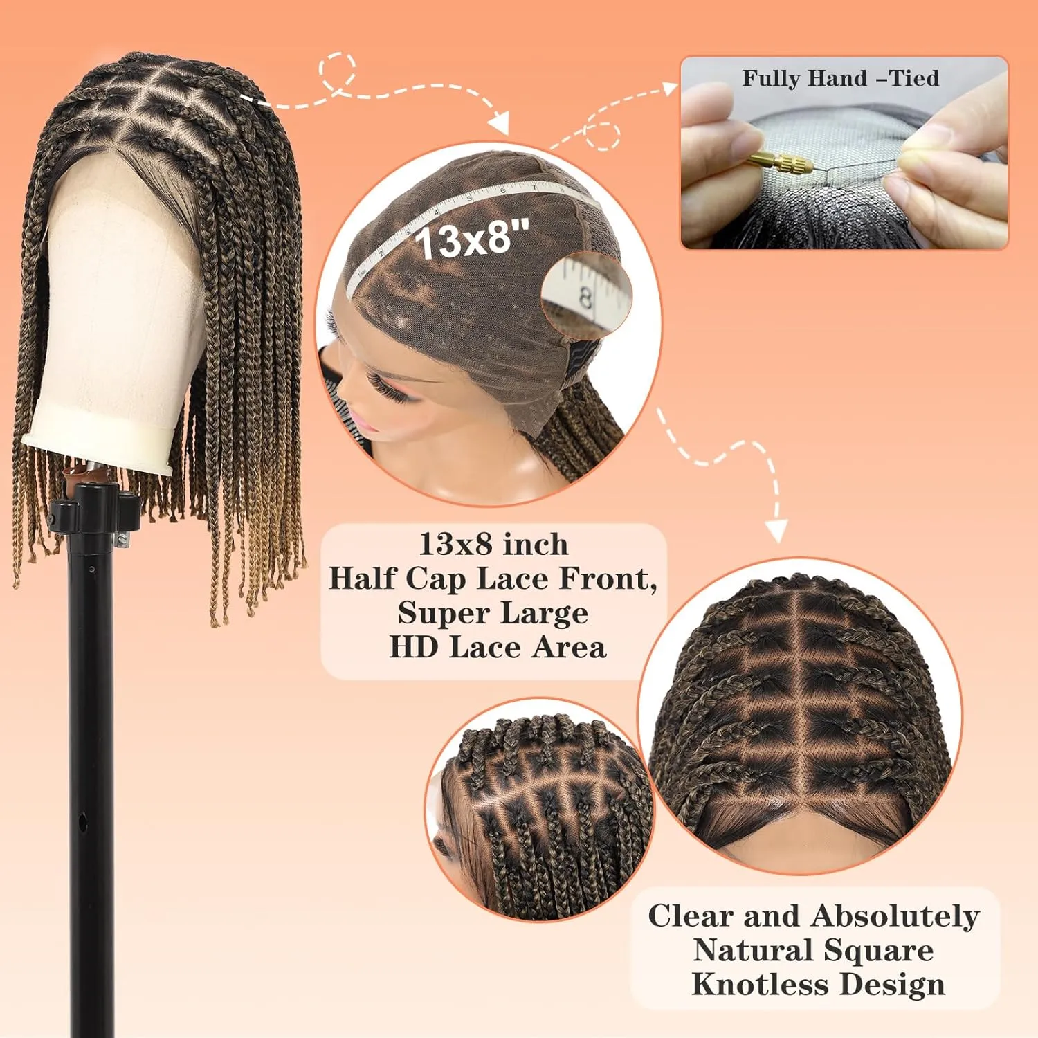 Brinbea 13x8'' HD Lace Front Knotless Short Braided Wigs for Women Bob Box Braid Wig with Baby Hair Premium Synthetic Braided Lace Front Wigs Light Brown 14 Inch