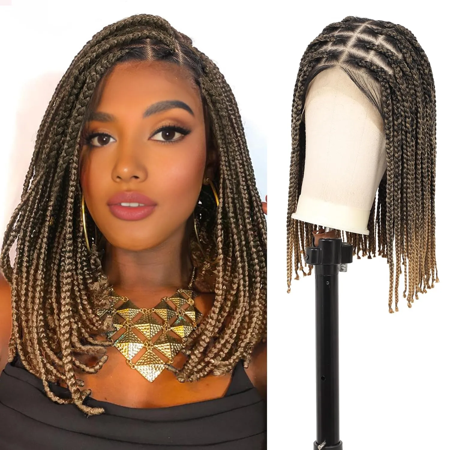 Brinbea 13x8'' HD Lace Front Knotless Short Braided Wigs for Women Bob Box Braid Wig with Baby Hair Premium Synthetic Braided Lace Front Wigs Light Brown 14 Inch