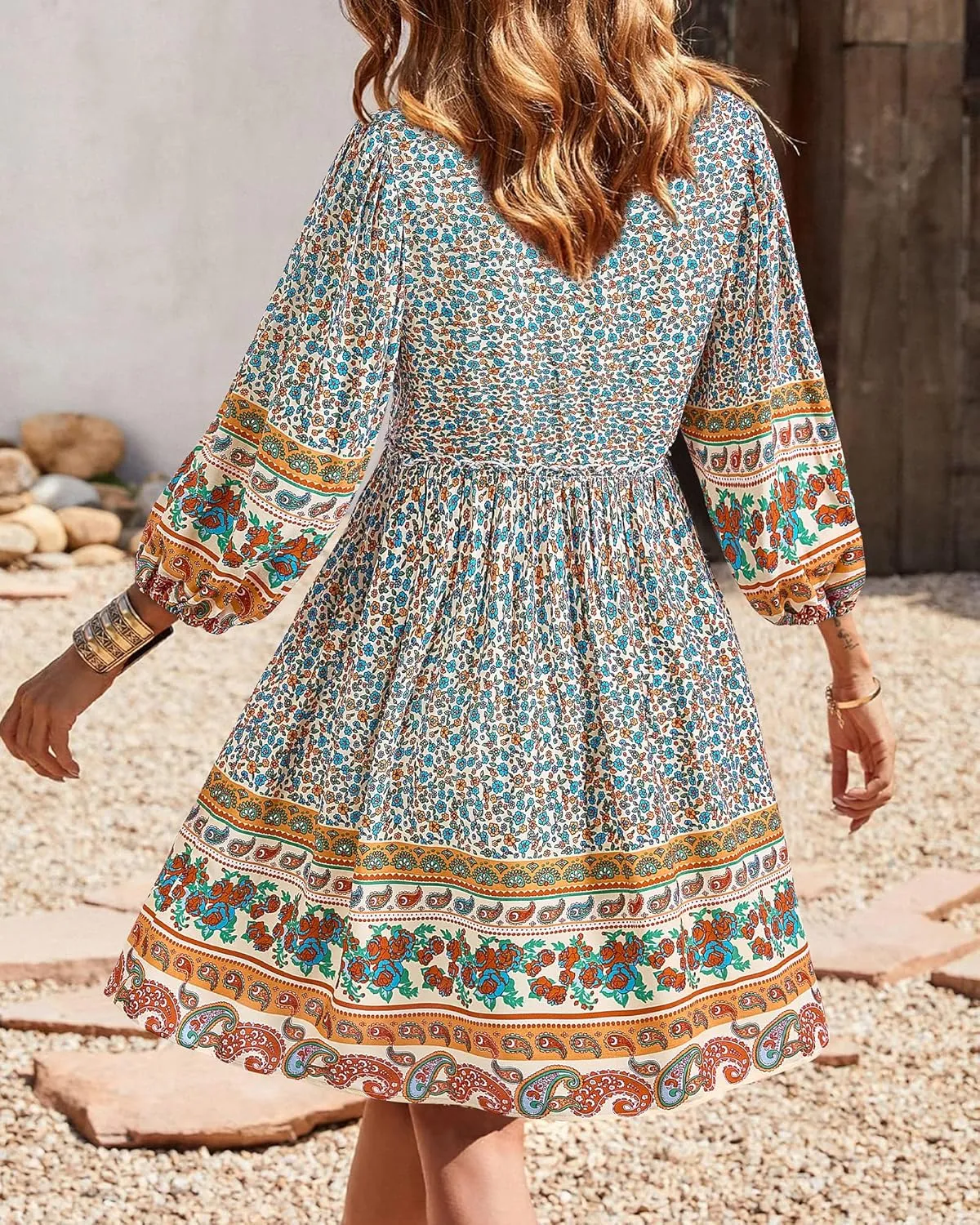 BTFBM Women Casual Spring Summer Dresses V Neck 3/4 Long Sleeve Ruffle Floral Flowy Boho Babydoll Mini Short Beach Dress