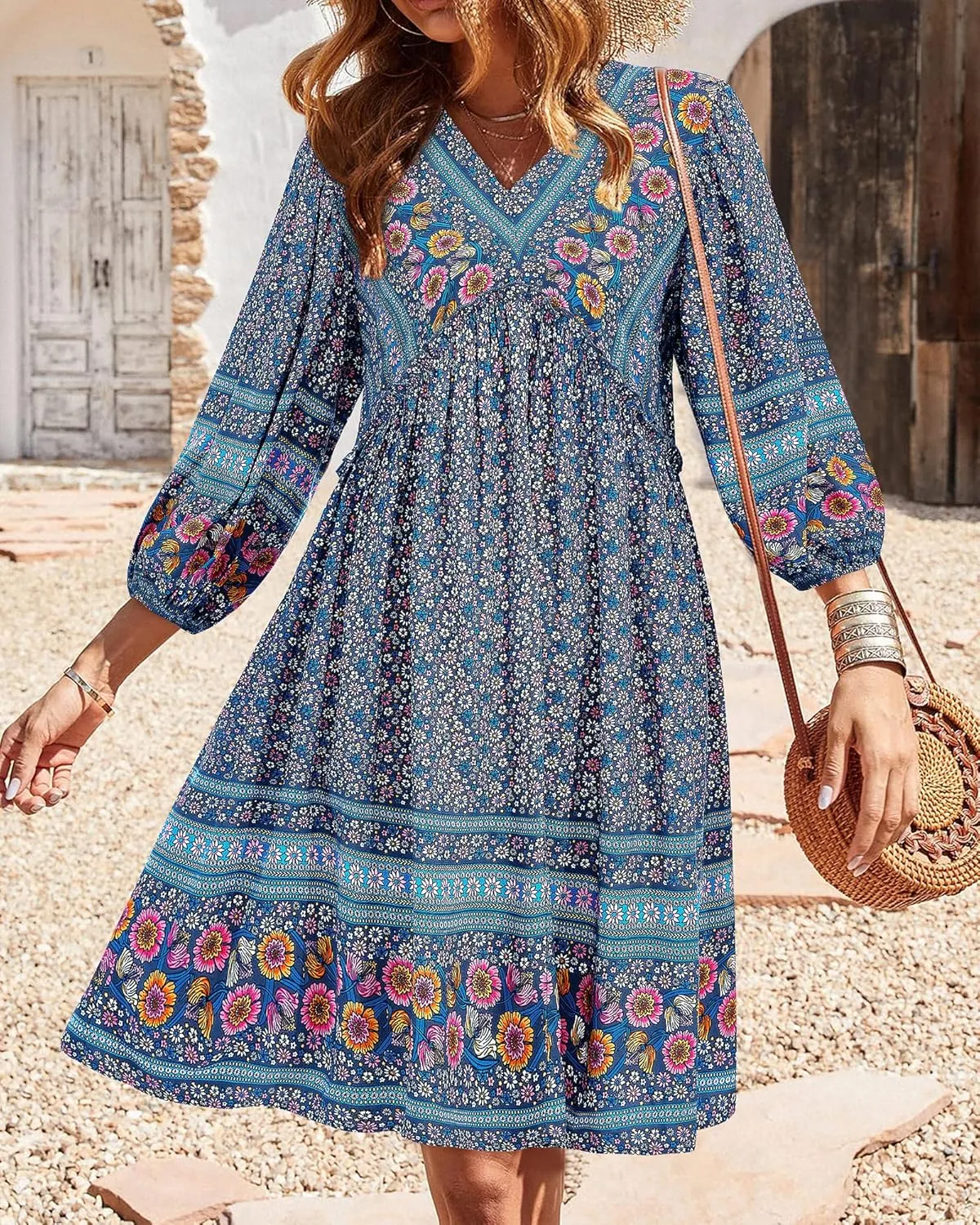 BTFBM Women Casual Spring Summer Dresses V Neck 3/4 Long Sleeve Ruffle Floral Flowy Boho Babydoll Mini Short Beach Dress