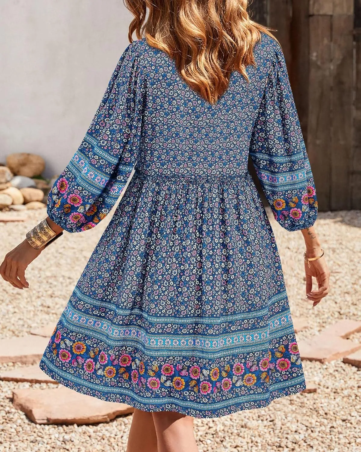 BTFBM Women Casual Spring Summer Dresses V Neck 3/4 Long Sleeve Ruffle Floral Flowy Boho Babydoll Mini Short Beach Dress
