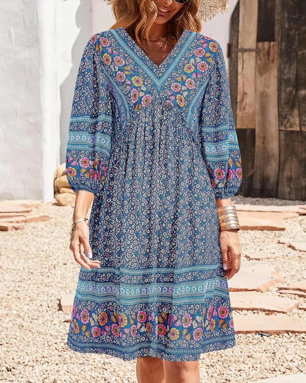 BTFBM Women Casual Spring Summer Dresses V Neck 3/4 Long Sleeve Ruffle Floral Flowy Boho Babydoll Mini Short Beach Dress