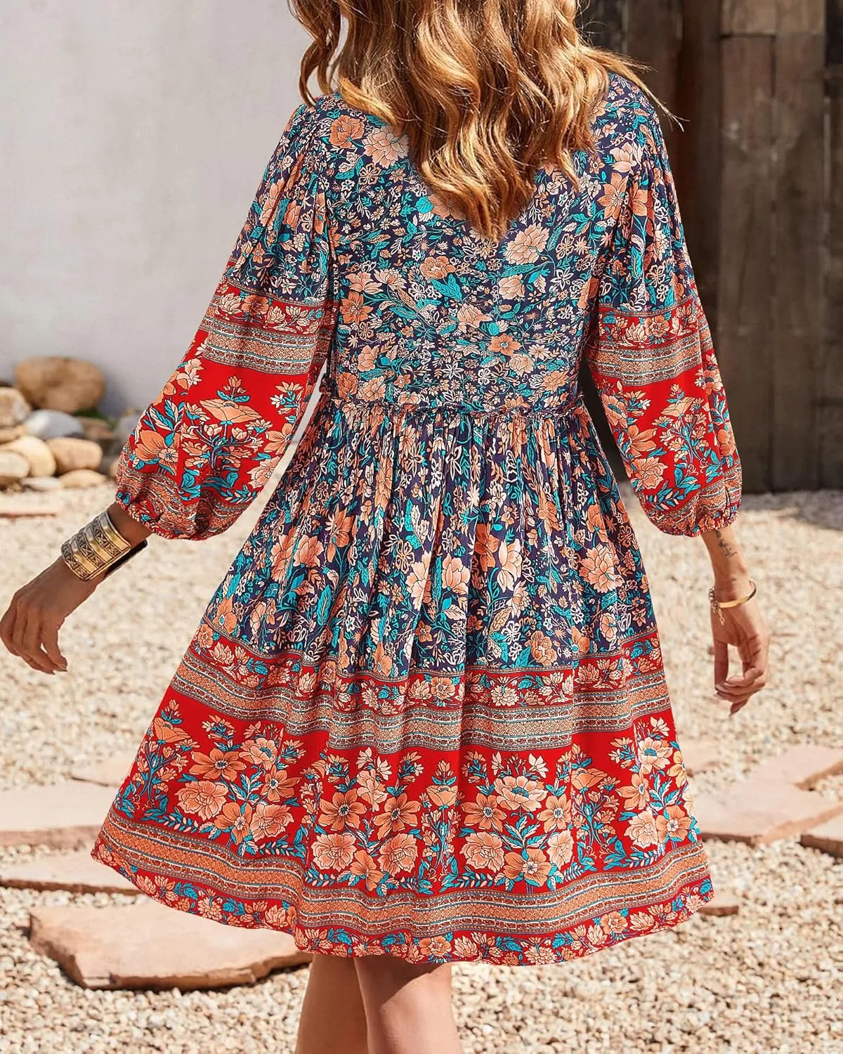 BTFBM Women Casual Spring Summer Dresses V Neck 3/4 Long Sleeve Ruffle Floral Flowy Boho Babydoll Mini Short Beach Dress