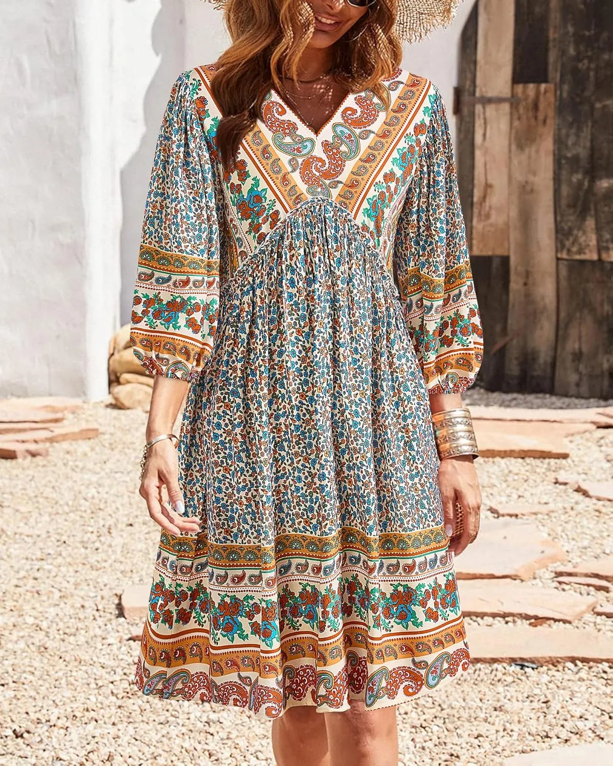 BTFBM Women Casual Spring Summer Dresses V Neck 3/4 Long Sleeve Ruffle Floral Flowy Boho Babydoll Mini Short Beach Dress