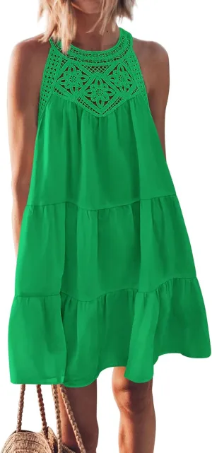 BTFBM Women Summer Halter Dresses Casual Spring 2025 Sleeveless A-Line Tiered Swing Mini Dress Beach Vacation Sundress