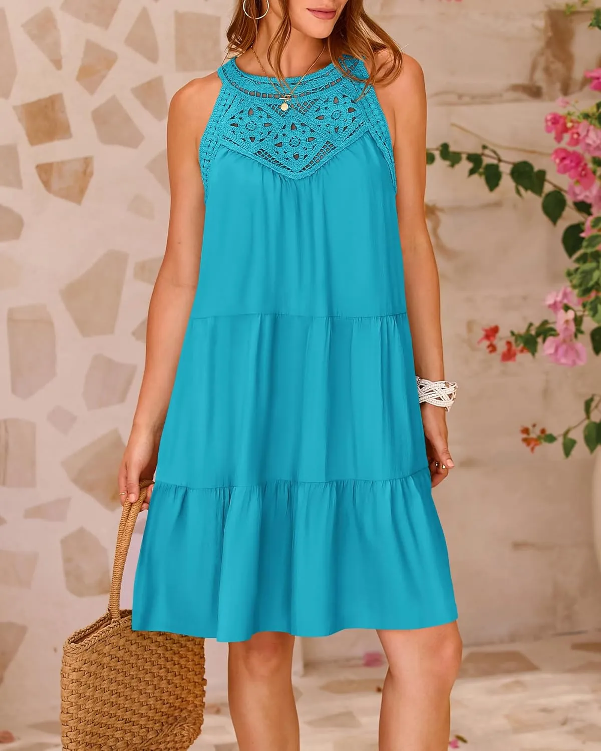 BTFBM Women Summer Halter Dresses Casual Spring 2025 Sleeveless A-Line Tiered Swing Mini Dress Beach Vacation Sundress